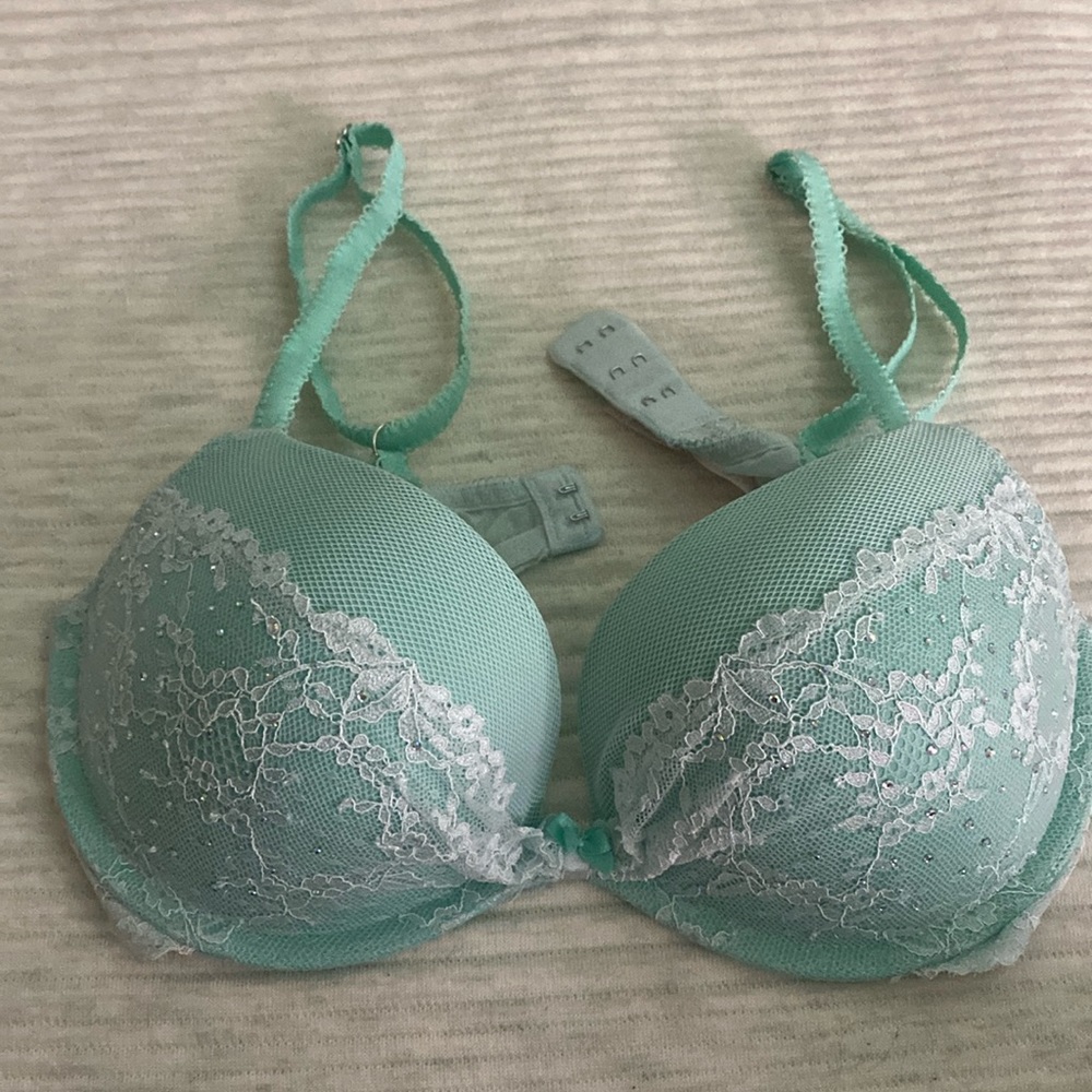 Victoria Secret Teal Blue Bra with white lace